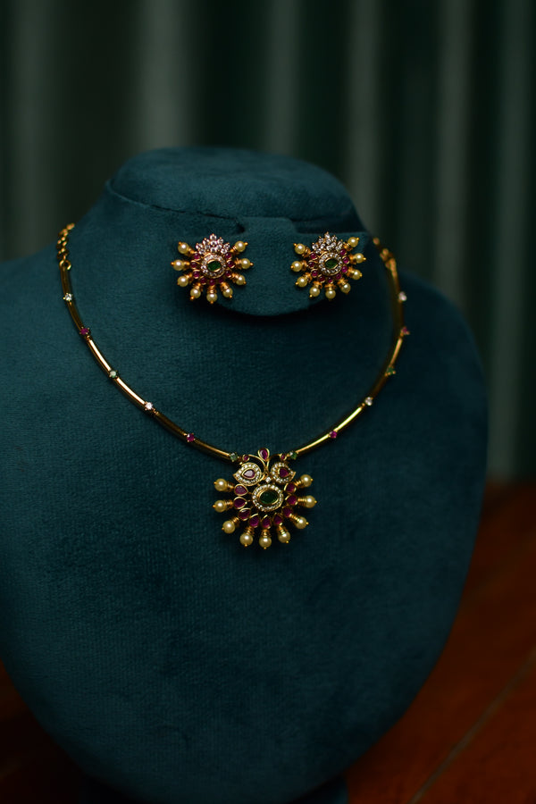 Ruby & Pearl Floral Gold Necklace & Earrings Set – Festive Women’s Jewelry | Ethnic Gift | SKU J16