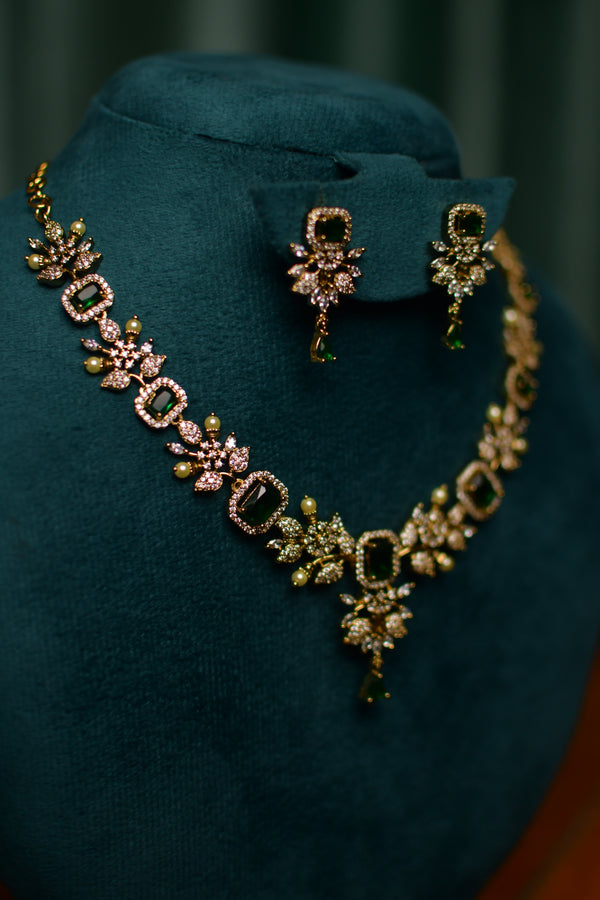 Green Stone Floral CZ Necklace & Earrings Set – Women’s Luxury Party Jewelry | Gift | SKU J20