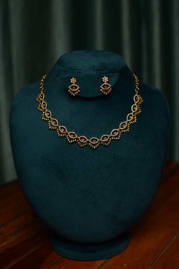 Red Stone Geometric Gold Necklace & Earrings Set – Women’s Party Jewelry | Festive Gift | SKU J24