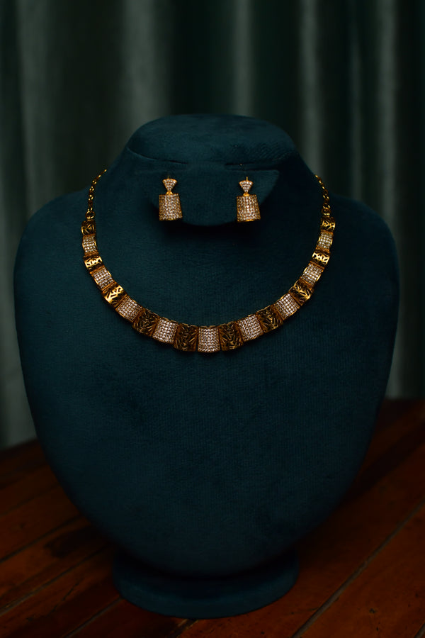Geometric Pavé Block Gold Necklace & Earrings Set – Modern Women’s Statement Jewelry | Party & Gift | SKU J27