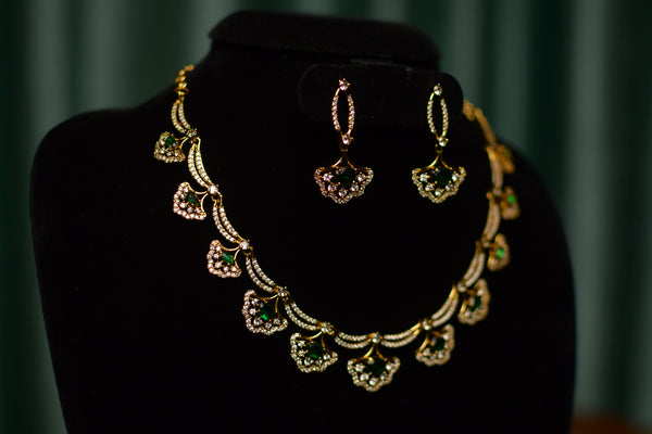 Green Stone Fan Motif Gold Necklace & Earrings Set – Women’s Festive Statement Jewelry | SKU J28