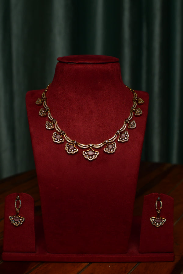 Blush Pink Pavé Fan Motif Gold Necklace & Earrings Set – Women’s Festive Statement Jewelry | SKU J29