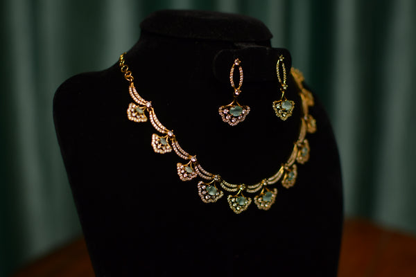Mint Green Pavé Fan Motif Gold Necklace & Earrings Set – Women’s Festive Party Jewelry | SKU J31