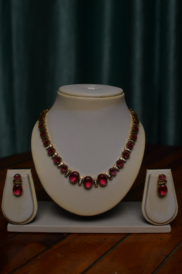 Ruby Red Oval Stone Necklace & Earrings Set – Women’s Festive Party Jewelry | SKU J34