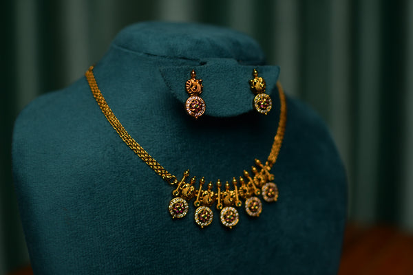 Lakshmi Coin Ruby Round Moti Necklace & Earrings Set – South Indian Temple Jewelry | Festive & Gift | SKU J35