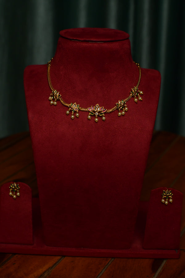 Lotus Motif Pearl Drop Gold Necklace & Earrings Set – Traditional Festive Jewelry | Gift | SKU J36