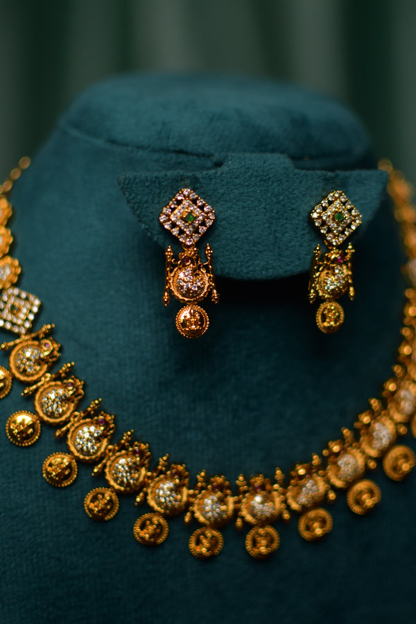 Lakshmi Coin Floral CZ Necklace & Earrings Set – South Indian Temple Jewelry | Festive & Bridal | SKU J38