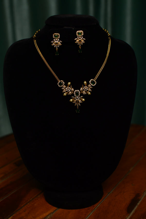 Green Stone & Floral Crystal Gold Necklace & Earrings Set – Women’s Party Jewelry | Festive Gift | SKU J40