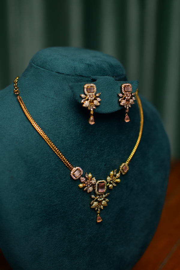 Blush Pink & Crystal Floral Gold Necklace & Earrings Set – Women’s Elegant Festive Jewelry | SKU J41