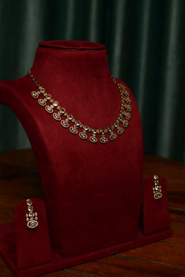 Double Oval Kundan Motif Gold Necklace & Drop Earrings Set – Classic Festive Jewelry | SKU J50