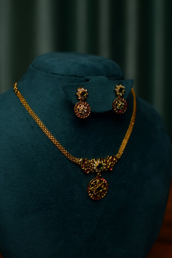 Traditional Coin Floral Red-Green Necklace & Earrings Set – Festive Gold Jewelry | SKU J52