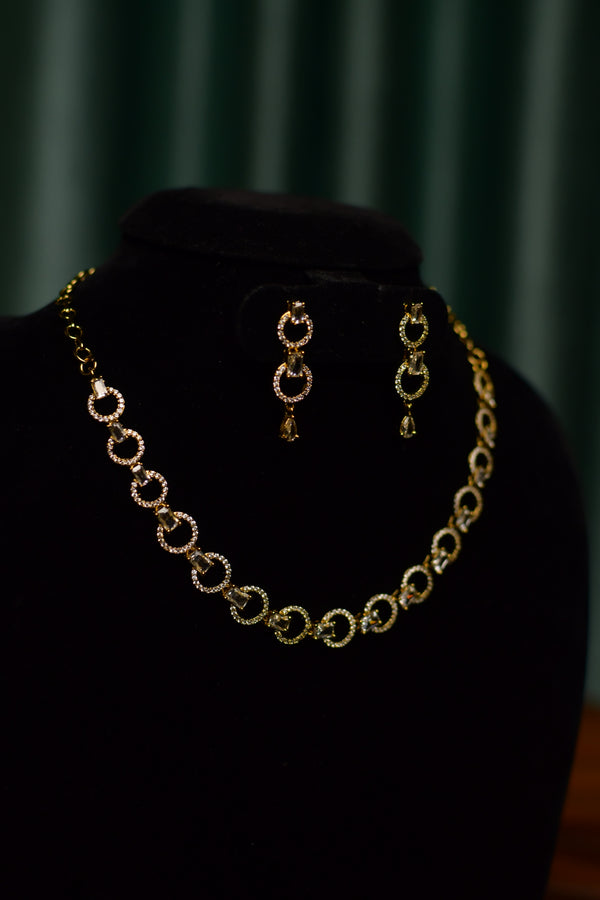 Double Ring Rhinestone Gold Necklace & Dangle Earrings Set – Western Party Jewelry | SKU J53