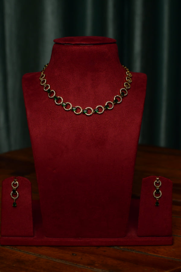 Green Stone Pavé Ring Link Gold Necklace & Drop Earrings Set – Modern Party Jewelry | SKU J54