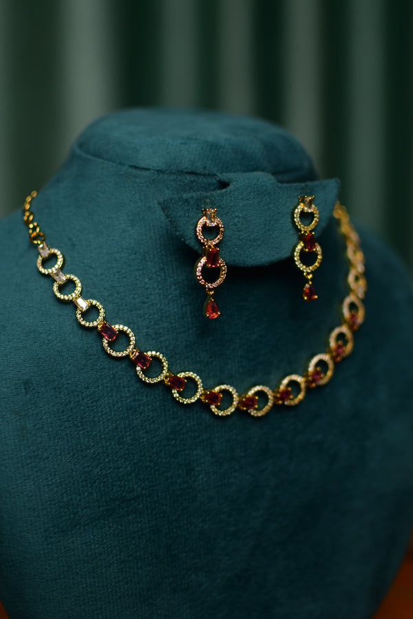 Red Stone Pavé Ring Link Gold Necklace & Dangle Earrings Set – Festive Party Jewelry | SKU J55