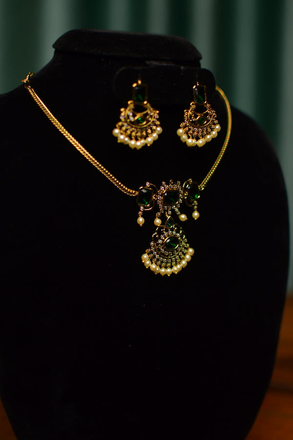 Green Stone & Pearl Drop Temple Necklace & Earrings Set – Festive Heritage Jewelry | SKU J56