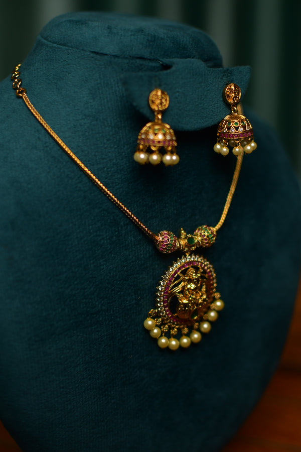 Lakshmi Coin Pearl Temple Necklace & Jhumka Earring Set – South Indian Festive Jewelry | SKU J58