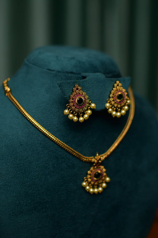 Ruby & Pearl Drop Designer Necklace & Earrings Set – Festive Heritage Jewelry | SKU J60