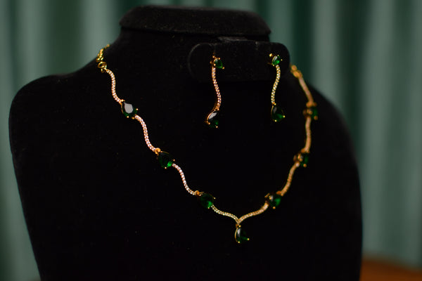 Emerald Green Drop Slim Designer Necklace & Minimal Earrings Set – Modern Party Jewelry | SKU J62
