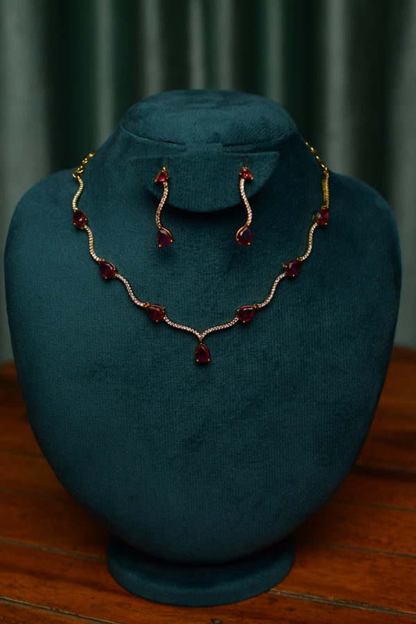 Ruby Red Drop Slim Designer Necklace & Minimal Earrings Set – Festive Party Jewelry | SKU J63