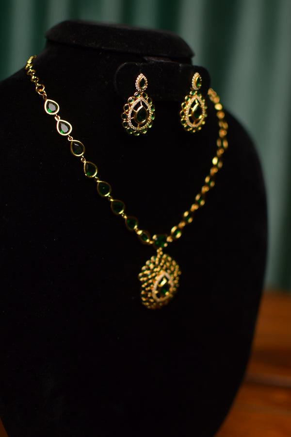 Green Stone Designer Pendant Gold Necklace & Teardrop Earrings Set – Festive Statement Jewelry | SKU J65
