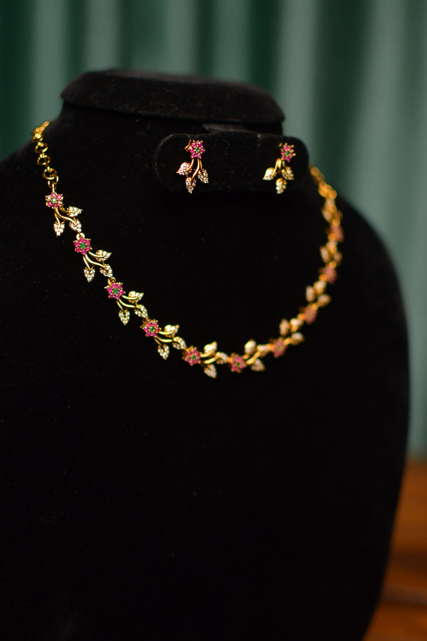 Pink Blossom Floral Branch Gold Necklace & Earrings Set – Delicate Gift Jewelry | SKU J67