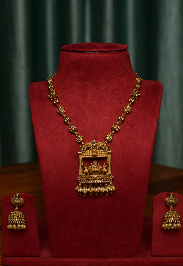 Lakshmi Gold Temple Necklace & Pearl Jhumka Earrings Set – South Indian Bridal Jewelry | SKU J68