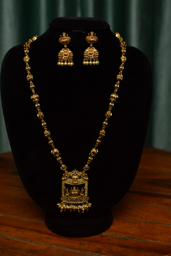 Lakshmi Temple Gold Necklace & Traditional Pearl Jhumka Earrings Set – Handcrafted Bridal Jewelry | SKU J69