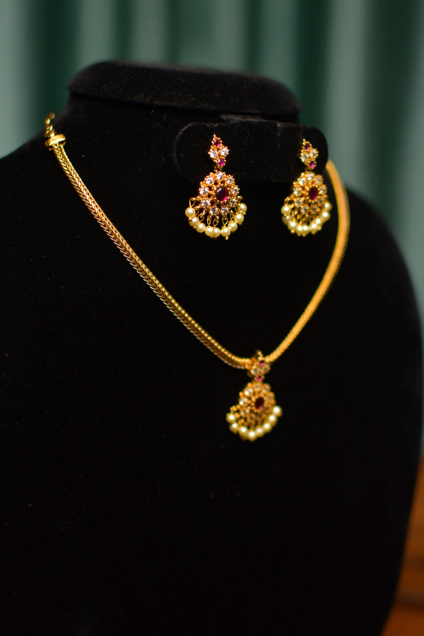 Ruby Pearl Mandala Pendant Gold Necklace & Jhumka Earrings Set – Traditional Festive Jewelry | SKU J72