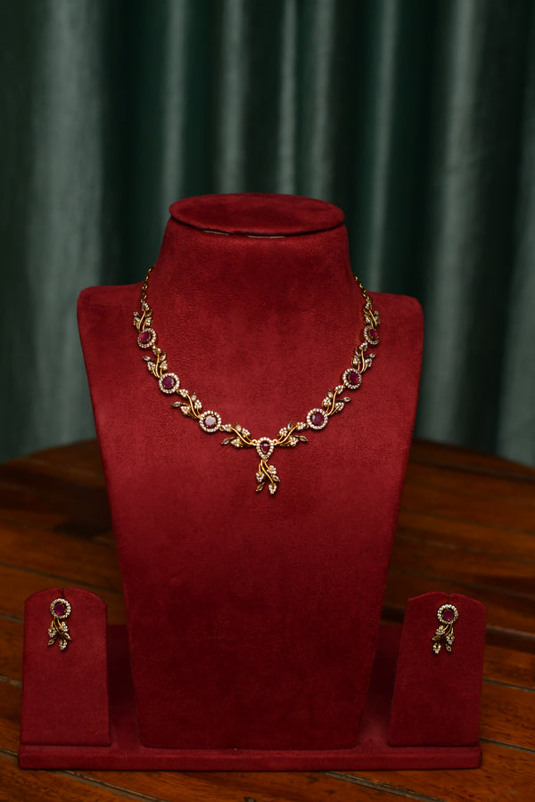 Pink Stone Vine Necklace & Floral Drop Earrings Set – Elegant Party Jewelry | SKU J74