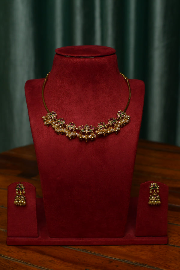Heritage Floral Pearl Cluster Choker & Jhumka Earrings Set – Traditional Bridal Jewelry | SKU J76