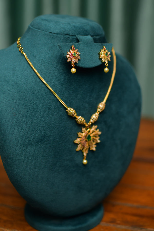 Royal Sunburst Pendant Gold Necklace & Statement Dangle Earrings – Festive Wedding Jewelry | SKU J77