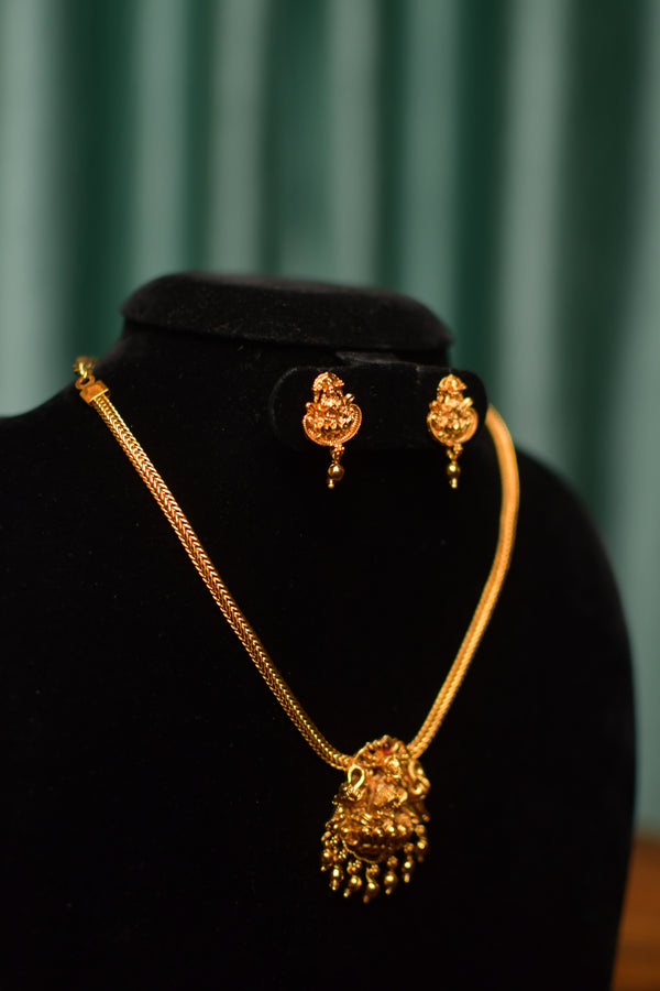 Lakshmi Temple Gold Pendant Necklace & Deity Drop Earrings – Auspicious Traditional Jewelry | SKU J79