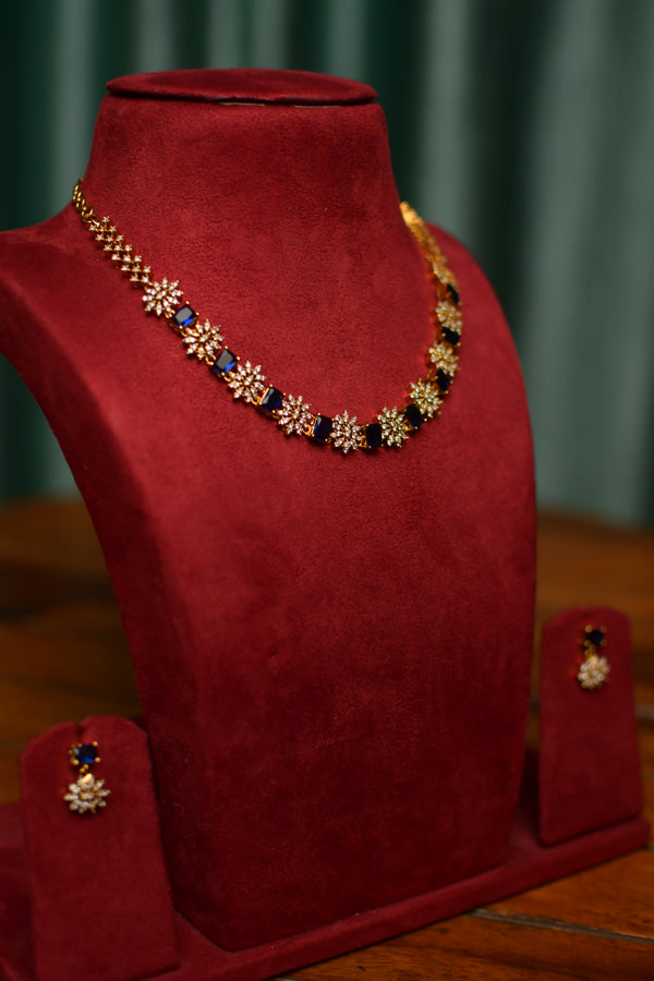 Navy Blue Princess & Floral Link Gold Necklace & Cluster Stud Earrings Set – Evening Party Jewelry | SKU J81