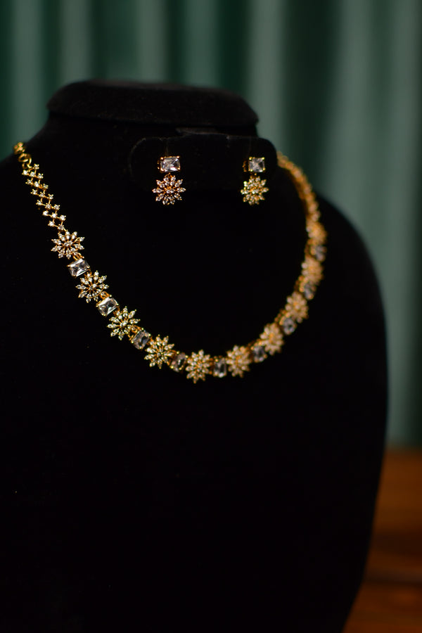 White Stone Floral Princess Necklace & Sparkling Stud Earrings Set – Bridal Evening Jewelry | SKU J80