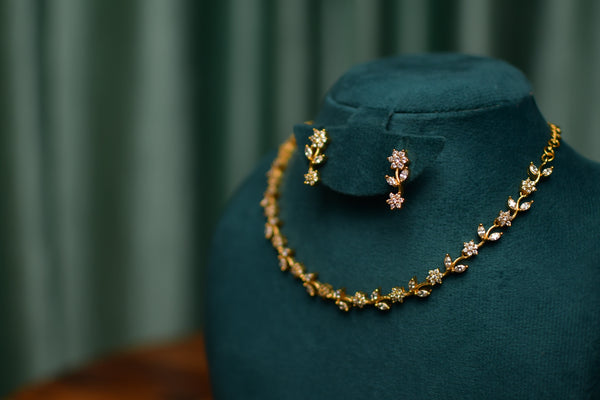 Dainty Vine Floral Gold Necklace & Petite Gem Earrings Set – Everyday Elegant Jewelry | SKU J82