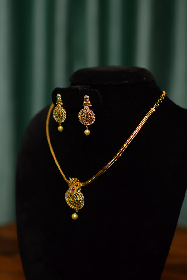 Pastel Filigree Round Pendant Gold Necklace & Pearl Drop Earrings Set – Festive Traditional Jewelry | SKU J84