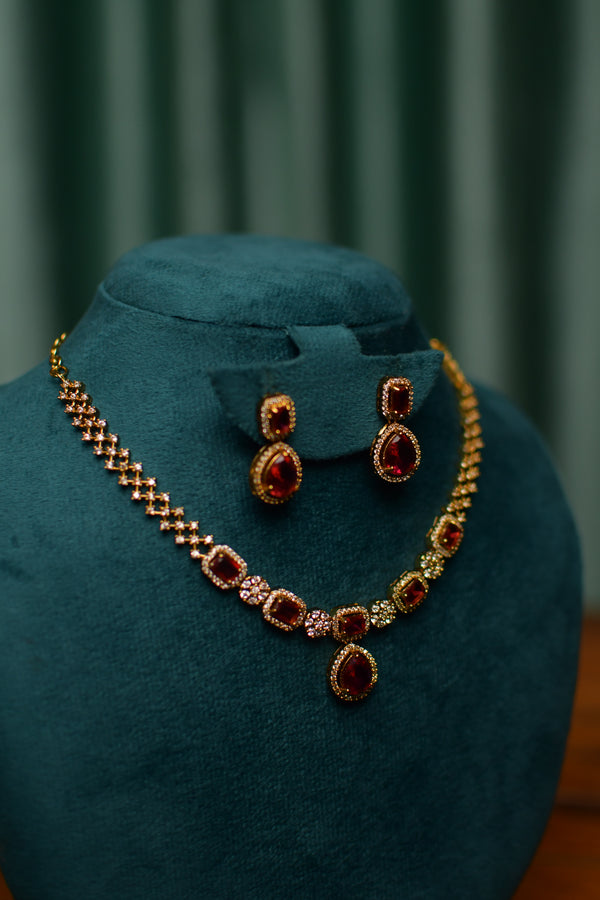 Designer Red Cubic Pendant Gold Necklace & Drop Earrings Set – Bridal Luxury Jewelry | SKU J93