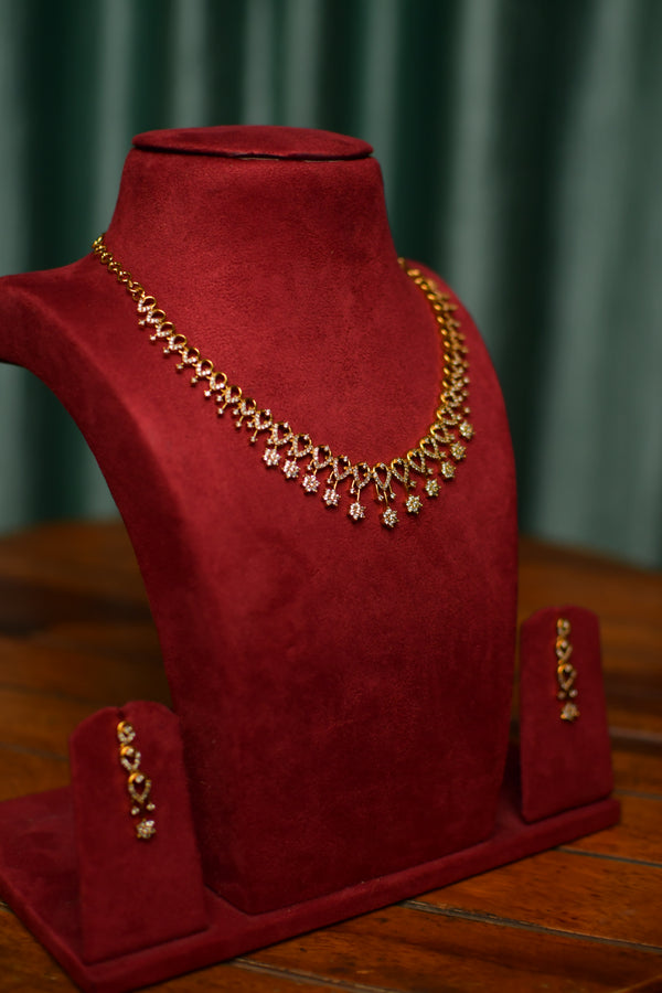 Minimal Gold Droplet Floral Necklace & Petite Drop Chain Earrings Set – Modern Ethnic Jewelry | SKU J94