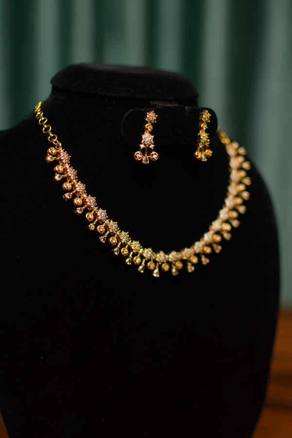 Sparkling Cluster Ball Drop Gold Necklace & Dangle Earrings Set – Festive Indian Jewelry | SKU J95