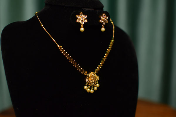 Delicate Gold Bead Lakshmi Necklace & Floral Pearl Drop Earrings Set – Classic Temple Jewelry | SKU J90