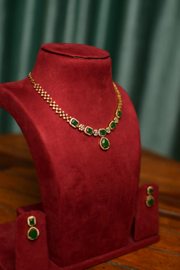 Emerald Green Cubic Pendant Gold Necklace & Drop Earrings Set – Regal Party Jewelry | SKU J96