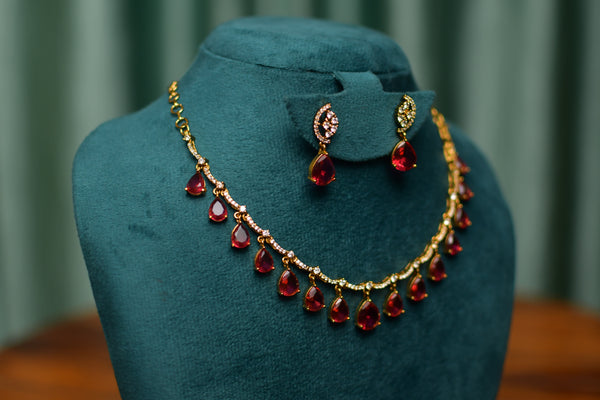 Ruby Red Teardrop Choker Necklace & Pavé Swirl Drop Earrings Set – Party Statement Jewelry | SKU J99